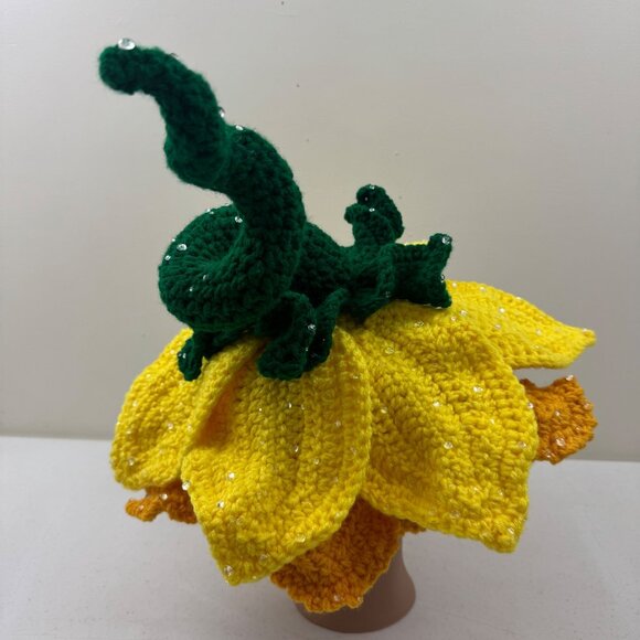 Handmade Crochet Flower Hat With Green Stem & Yellow Petals Fairy Hat Costume main image 8